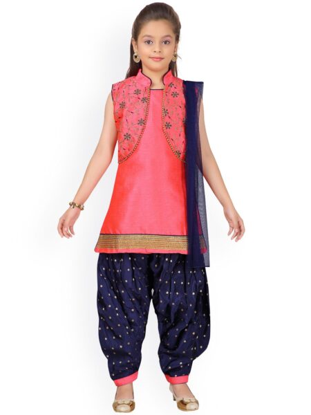 Aarika Girls Red & Navy Blue Embroidered Kurta with Patiala & Dupatta