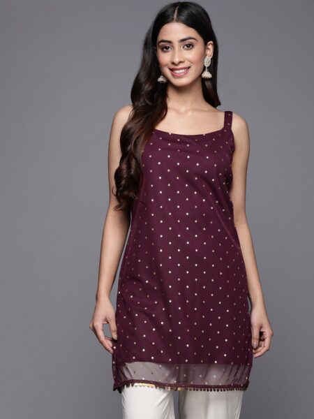 Ahalyaa Geometric Printed Net Tunic With Lace Inserts