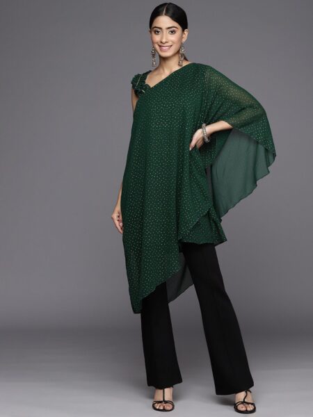 Ahalyaa Green One Shoulder Printed Tunic