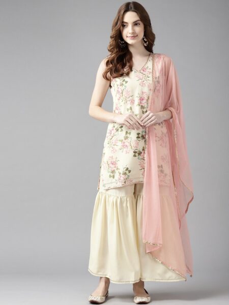 Ahalyaa Women Off White Floral Printed Regular Gotta Patti Kurta with Sharara & With Dupatta