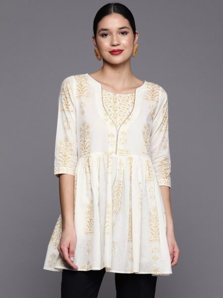 Ahalyaa Women  Off White & Gold-Toned Boat Neck Pure Cotton Printed Tunic