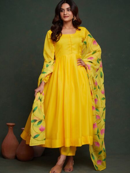 All Season Designer Handpainted  Viscos organza Lemone Yellow Suit