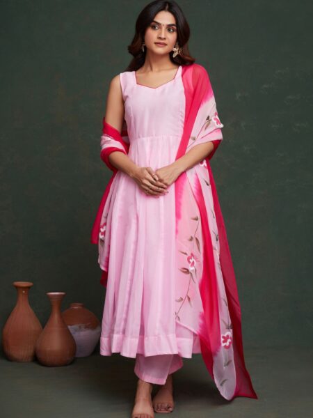 All Season Designer Handpainted  Viscos organza Light Pink Suit