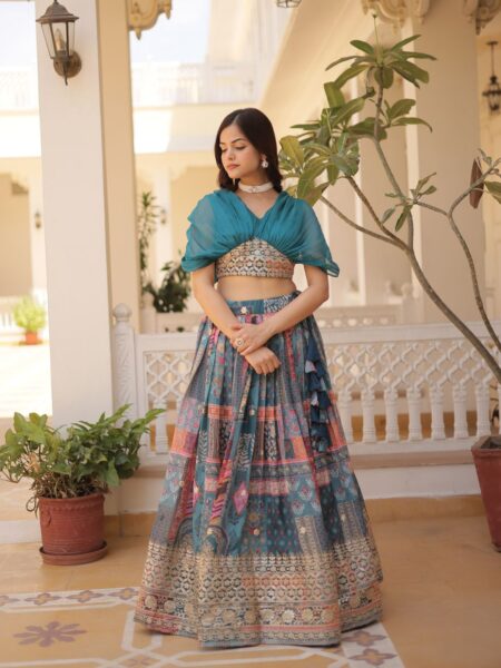 All Season Designer Digital Printed Russian Silk Sky Blue Lehenga With Foil Embroidery Work