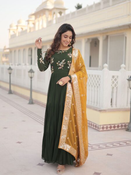 All Season Designer Embroidered Thread Work Faux Georgette Green Gown with Dupatta