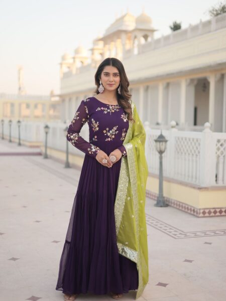 All Season Designer Embroidered Thread Work Faux Georgette Purple Gown with Dupatta