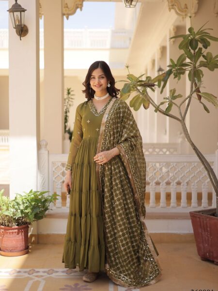 All Season Designer Embroidered Faux Georgette Mehendi Gown with Dupatta