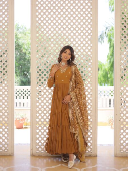 All Season Designer Embroidered Faux Georgette Mustard Gown with Dupatta