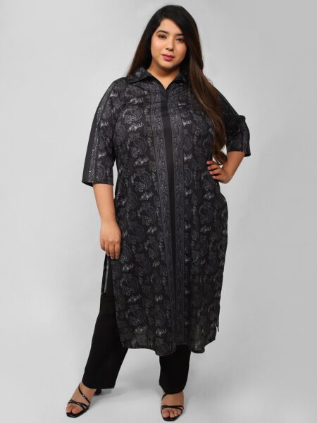 Amydus Plus Size Black Paisley Printed Shirt Collar Kurti