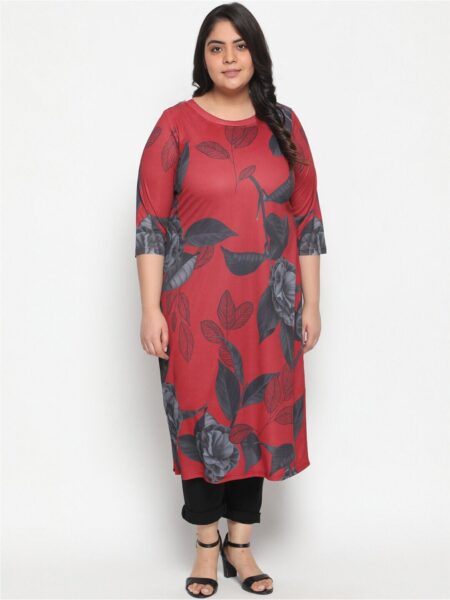 Amydus Plus Size Floral Printed Round Neck Kurta