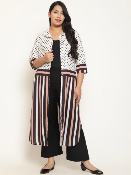 Amydus Plus Size Geometric Printed Cotton Linen Shirt Collar Kurta
