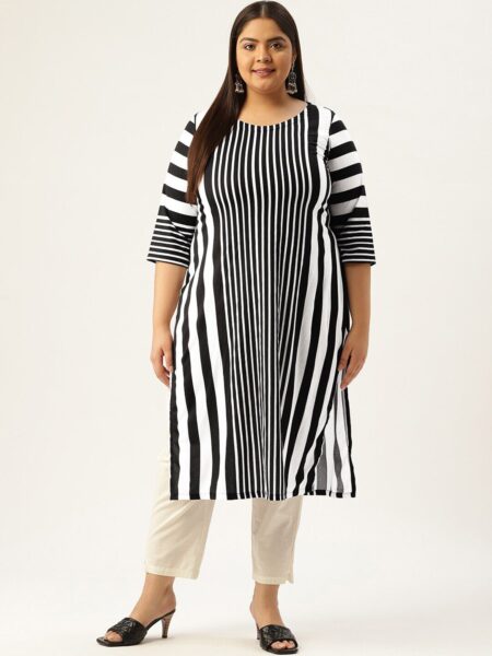 Amydus Plus Size Round Neck Striped Kurta