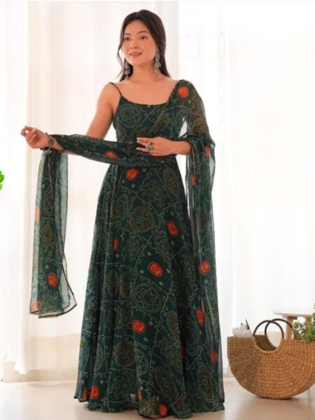 Floral Dark Green Color Bandhani Print Soft Chiffon Anarkali Gown