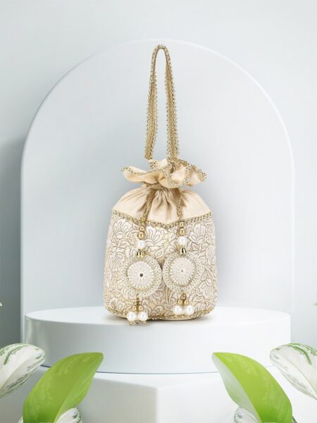 Anekaant Cream-Coloured & Gold-Toned Embroidered Tasselled Potli Clutch
