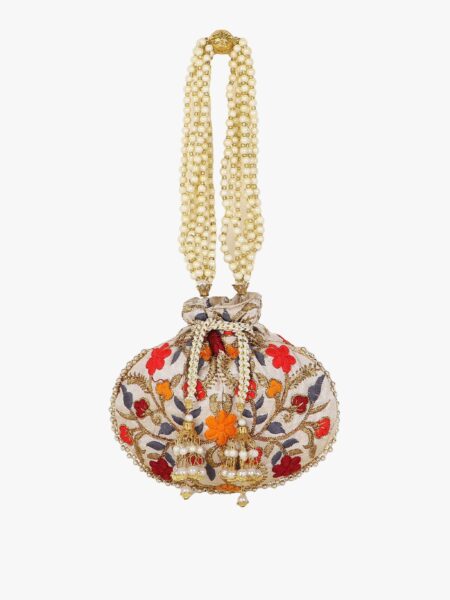 Anekaant Cream-Coloured & Orange Embroidered Potli Clutch