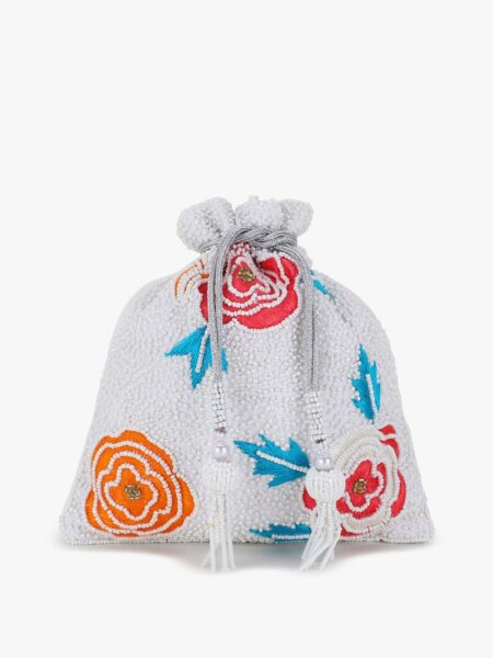 Anekaant Dangle White & Multi Velvet Floral Embellished Potli