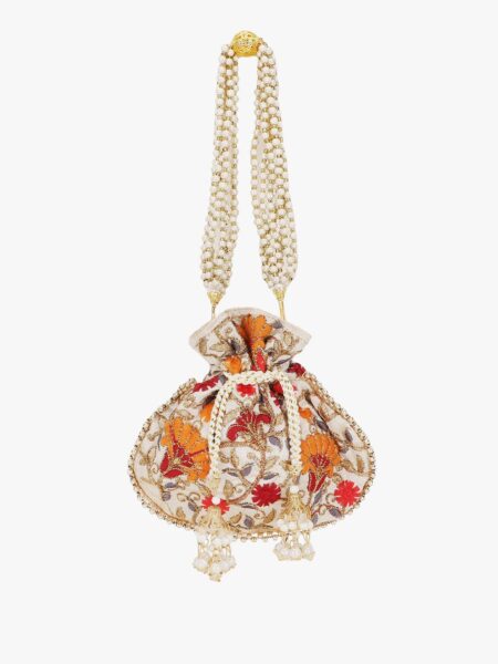 Anekaant Girls Cream-Coloured & Red Floral Embroidered Tasselled Potli Clutch