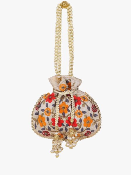 Anekaant Girls Cream-Coloured & White Embroidered Tasselled Potli Clutch