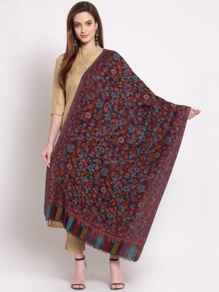 Anekaant Women Black & Pink Woven-Design Woolen Shawl