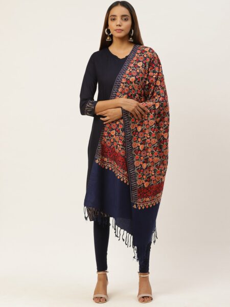 Anekaant Women Navy Blue & Peach-Coloured Floral Embroidered Shawl