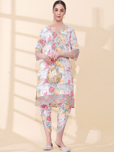 Anouk Floral Printed Thread Work V-Neck Kurta With Dhoti Pants & Dupatta