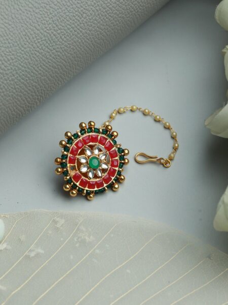 Anouk Green & Pink Gold-Plated Kundan-Studded & Beaded Borla Maang Tikka