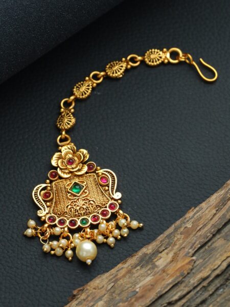 Anouk Green & Red Gold-Plated Stone-Studded & Beaded Floral Temple Maang Tikka
