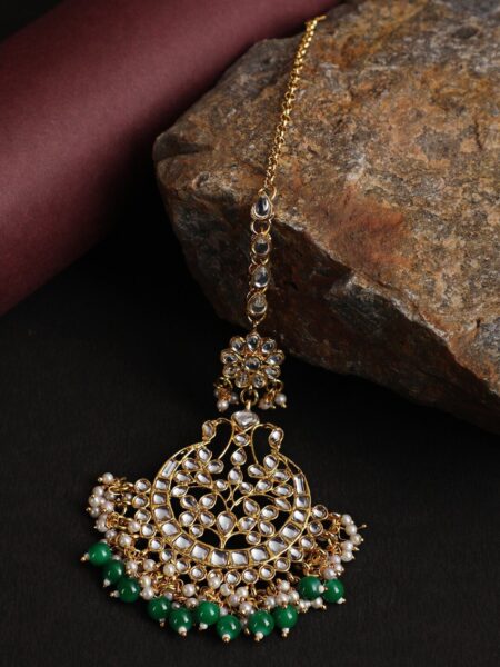 Anouk Green & White Gold-Plated Kundan-Studded & Beaded Maang Tikka
