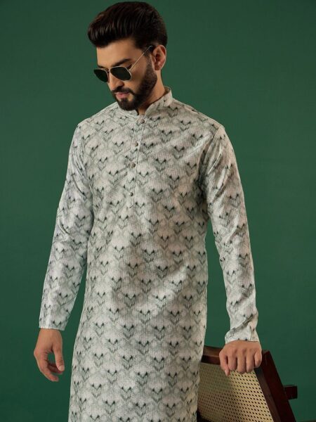 Anouk Grey Abstract Printed & Embroidered Sequinned Mandarin Collar Straight Kurta