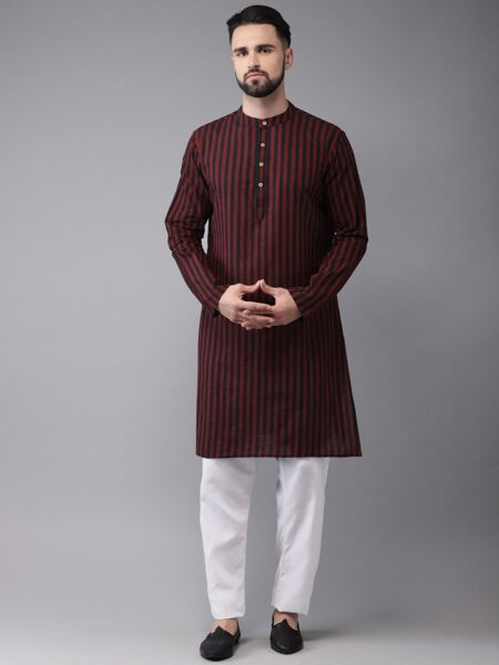 Anouk Men Maroon & Black Striped Straight Kurta