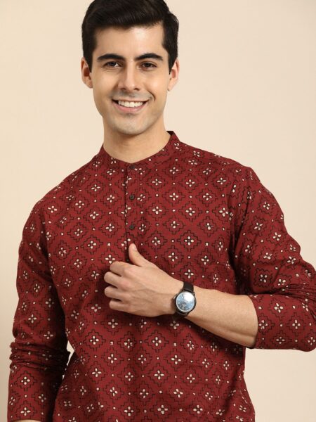 Anouk Men Red & Cream-Coloured Ethnic Motifs Printed Pure Cotton Kurta