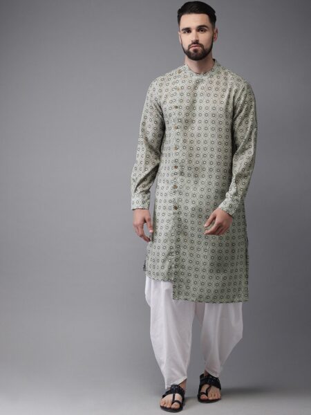 Anouk Men Sea Green & White Printed Fusion Straight Kurta