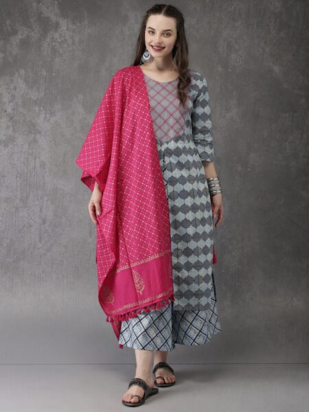 Anouk Women Blue & Pink Printed Kurta with Palazzos & Dupatta