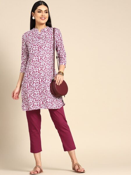 Anouk Women Burgundy & White Floral Print Regular Pure Cotton Kurta with Trousers