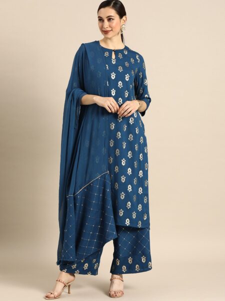 Anouk Women Navy Blue Printed Kurta with Palazzos & Dupatta