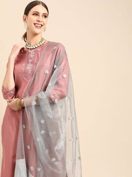 Anouk Women Pink & Blue Ethnic Motifs Embroidered Kurta with Trousers & With Dupatta