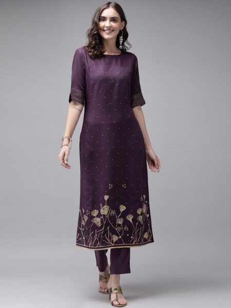 Anouk Women Purple & Beige Printed Kurta with Trousers
