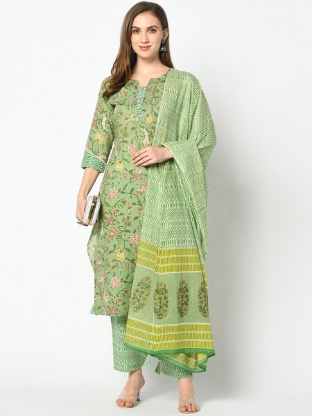 Azira Women Green Printed Kurta with Palazzos & Dupatta