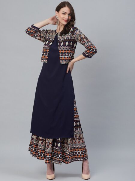 Azira Women Navy Blue & Off-White Solid Kurta with Palazzos & Ethnic Jacket