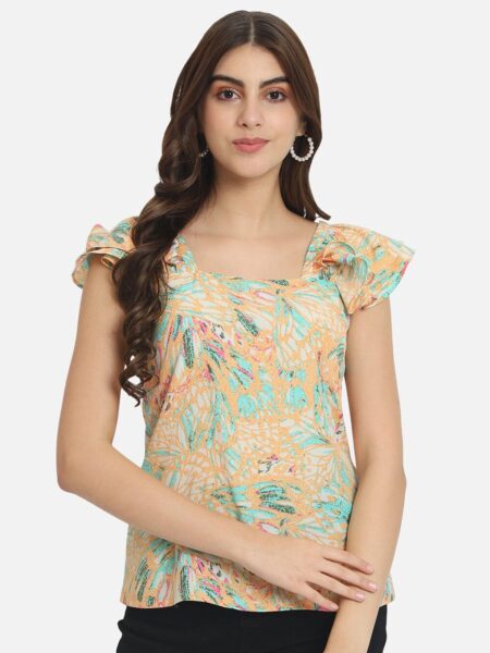 BAESD Multicoloured Floral Print Flutter Sleeve Crepe Top