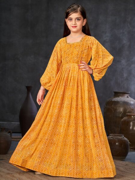 Beautiful Yellow Digital Printed Ethnic Girls Gown