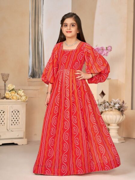 Beautiful Red Digital Printed Ethnic Girls Gown