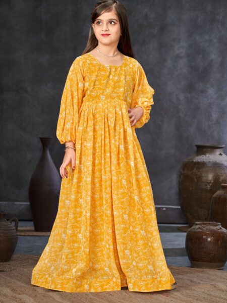 Beautiful Yellow Digital Printed Ethnic Girls Gown
