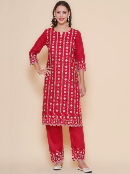 Bhama Couture Ethnic Motifs Embroidered Straight Thread Work Kurta with Trousers