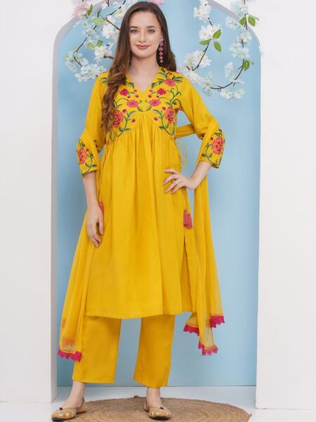 Bhama Couture Floral Embroidered Anarkali Kurta With Palazzos & Dupatta
