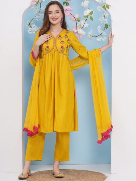 Bhama Couture Floral Embroidered Anarkali Kurta With Palazzos & Dupatta
