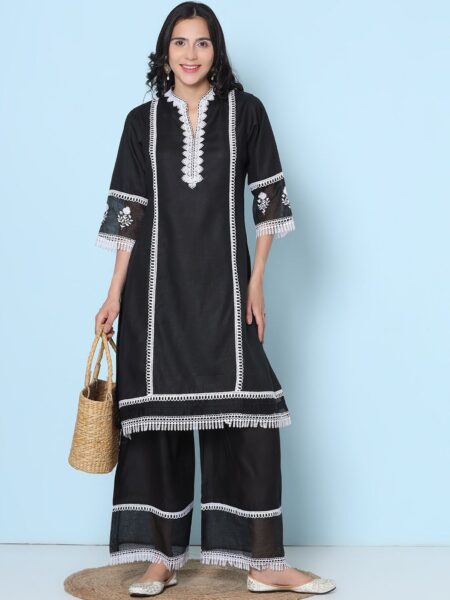 Bhama Couture Floral Embroidered Thread Work Pure Cotton Straight Kurta With Palazzo