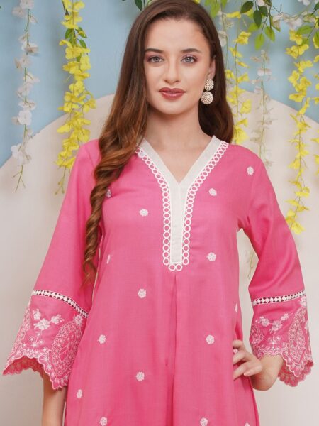 Bhama Couture Floral Embroidered V-Neck Flared Sleeves A-Line Kurta With Trousers