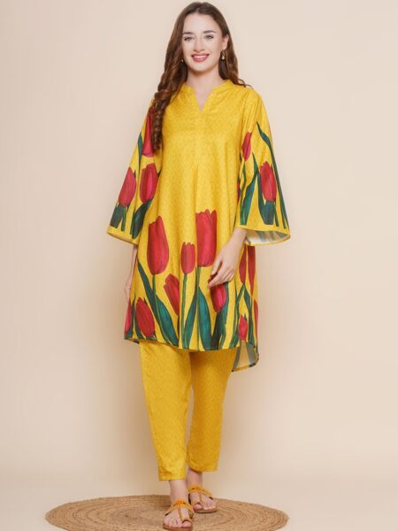 Bhama Couture Floral Printed A-Line Kurta With Trousers
