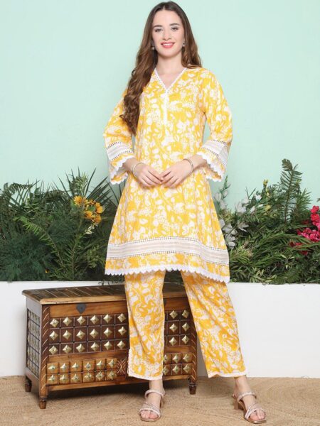 Bhama Couture Floral Printed Pure Cotton Kurta With Trousers